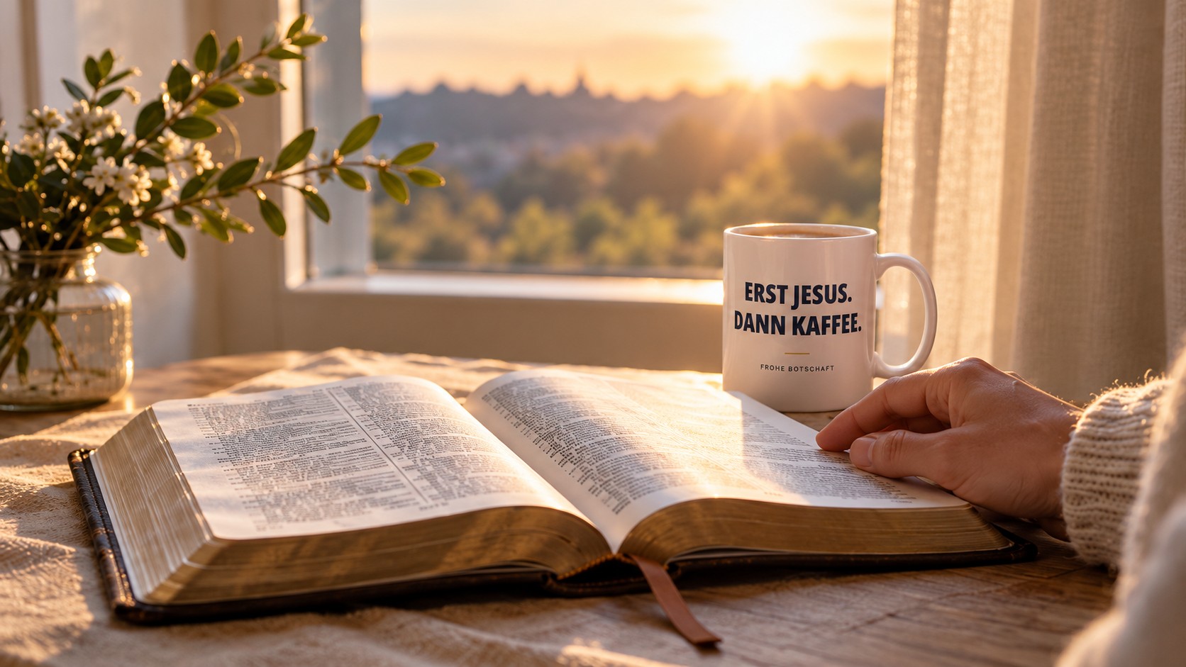 Aufgeschlagene Bibel und Frohe-Botschaft-Tasse im warmen Morgenlicht.
